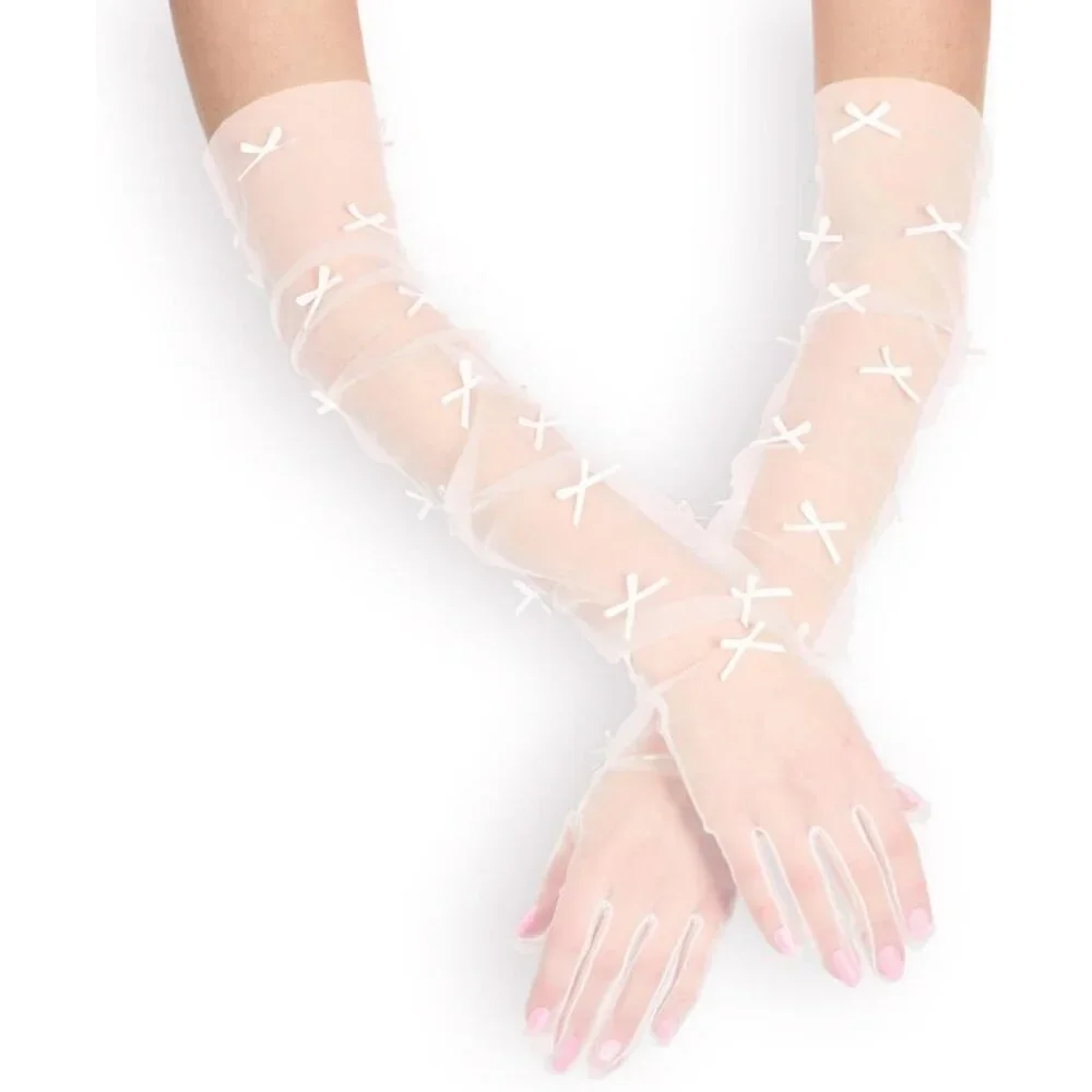 Women's Pink Sheer Knot Satin Cute Bow Gloves Halloween Party Costume Accessory